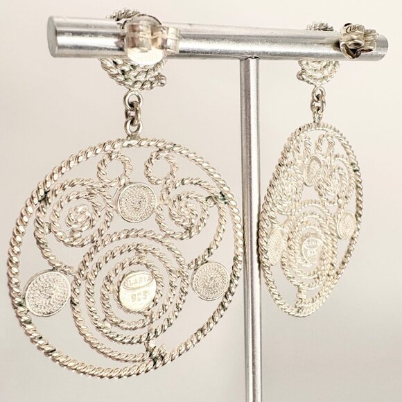 VTG Sterling Silver 925 Filigree Spiral Circle Dangle Earrings Size 2" Length - Picture 4 of 9
